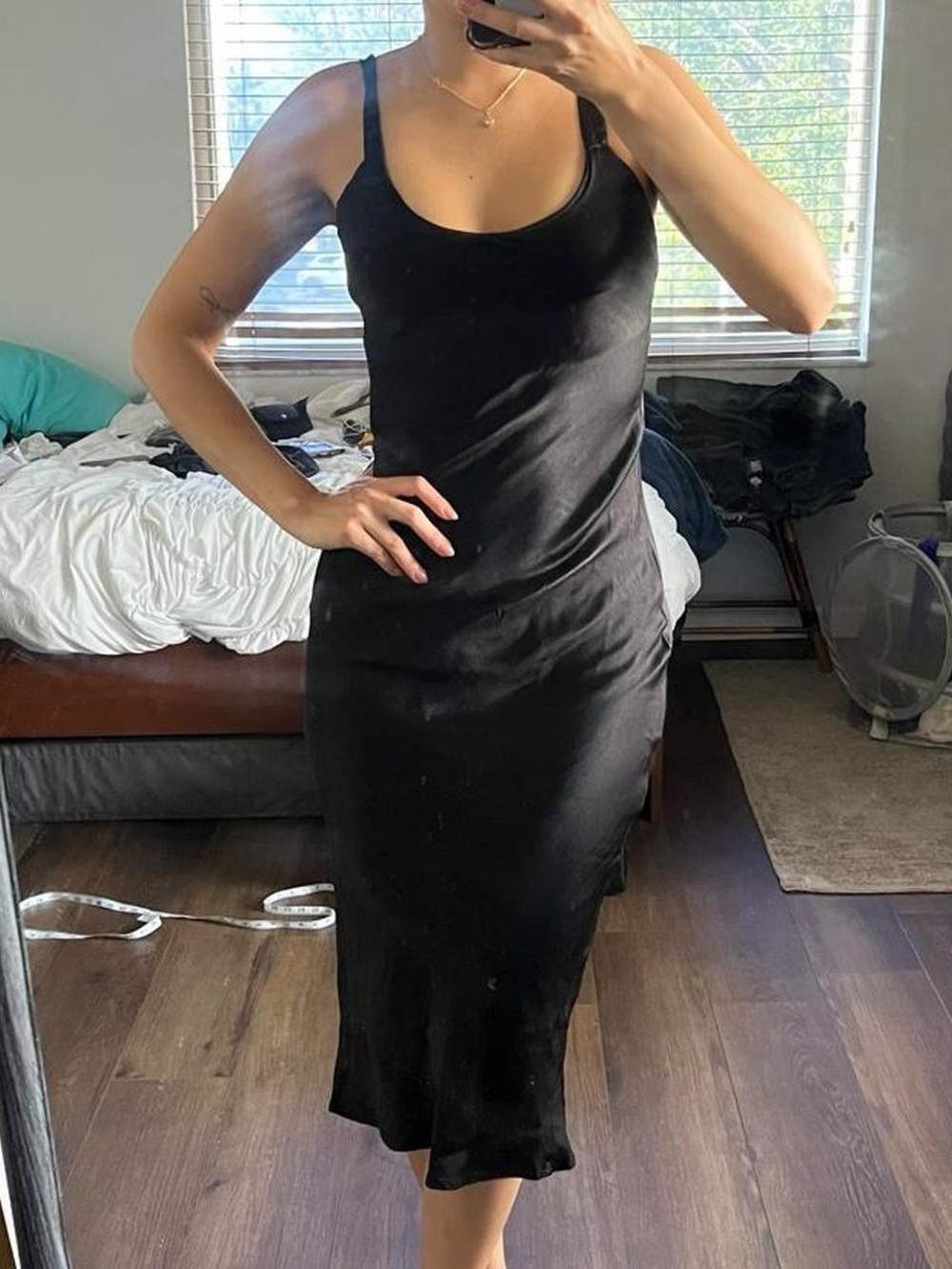 SNDYS black satin midi dress with open back